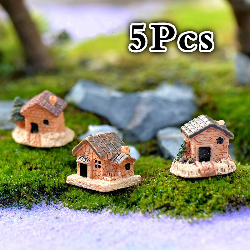 Home Decor Za - 5 ชิ้นมินิตุ๊กตาบ้านหินบ้านเรซิ่นตกแต่งสําหรับบ้านและสวนตกแต่ง DIY (สไตล์สุ่ม)