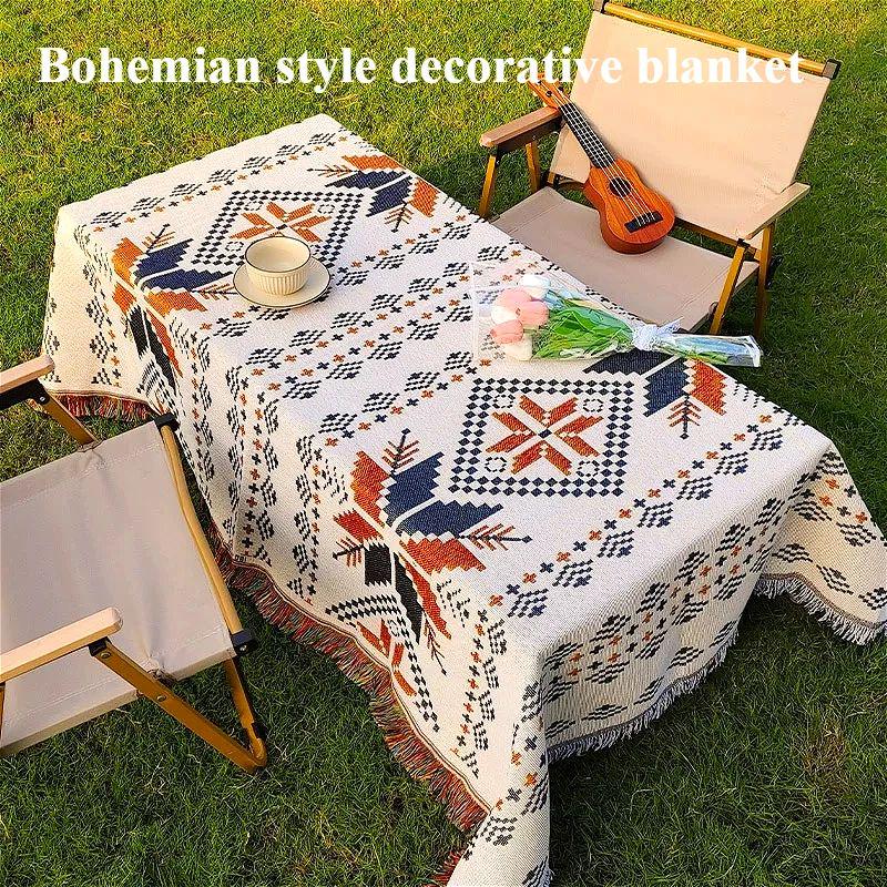Linen Table Runner - ผ้าห่มสำหรับตั้งแคมป์กลางแจ้ง, ผ้าปูโต๊ะตกแต่งสไตล์โบฮีเมียน, เบาะรองนั่งโซฟา, ผ้าปูปิกนิกผ้าลินิน