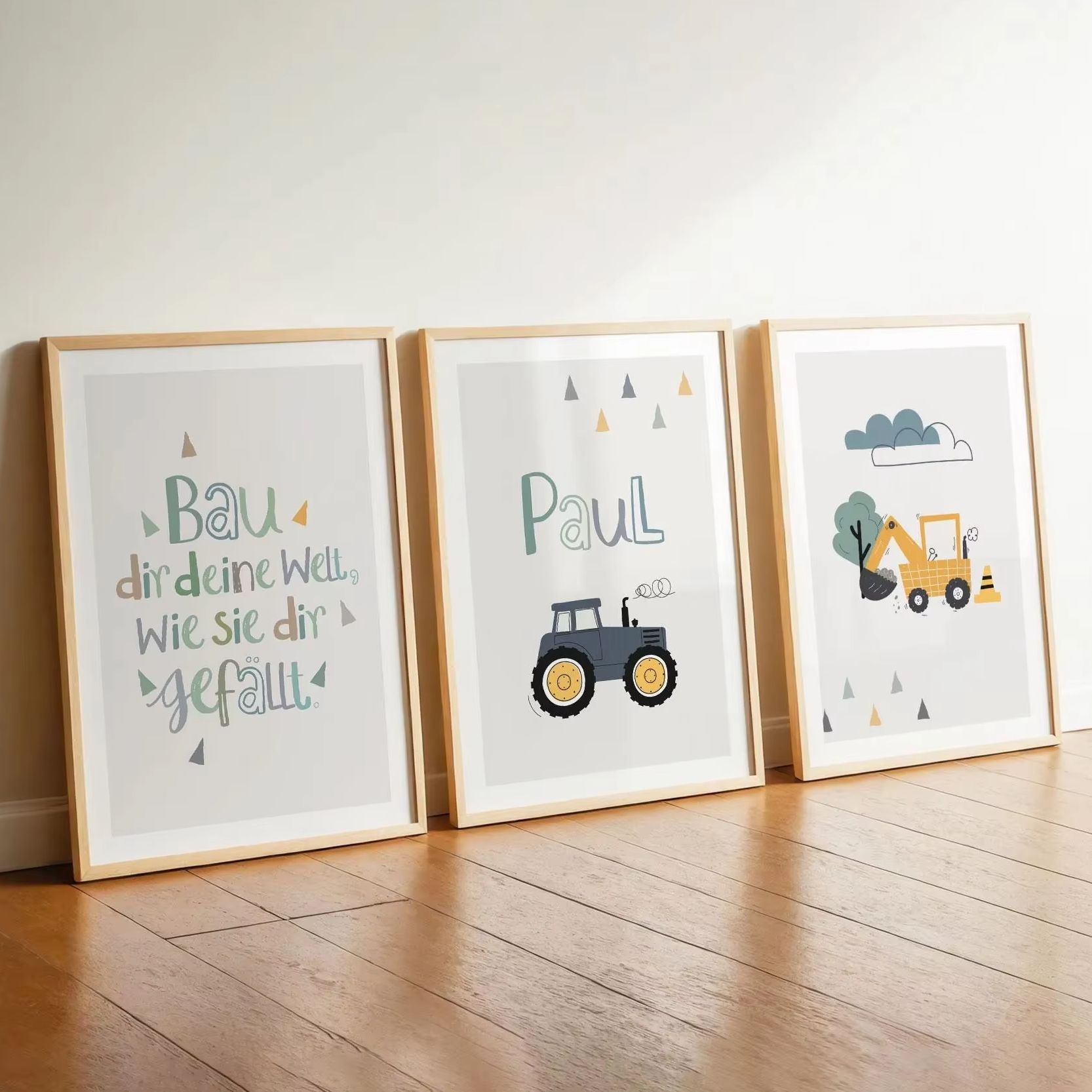 Home Decor Theme - ชุดภาพพิมพ์บนผ้าใบลายการ์ตูนรถขุดและรถแทรกเตอร์ 3 ชิ้น/ชุด พร้อมข้อความสร้างแรงบันดาลใจ ปรับแต่งชื่อได้ ตกแต่งผนังห้องเด็กผู้ชาย