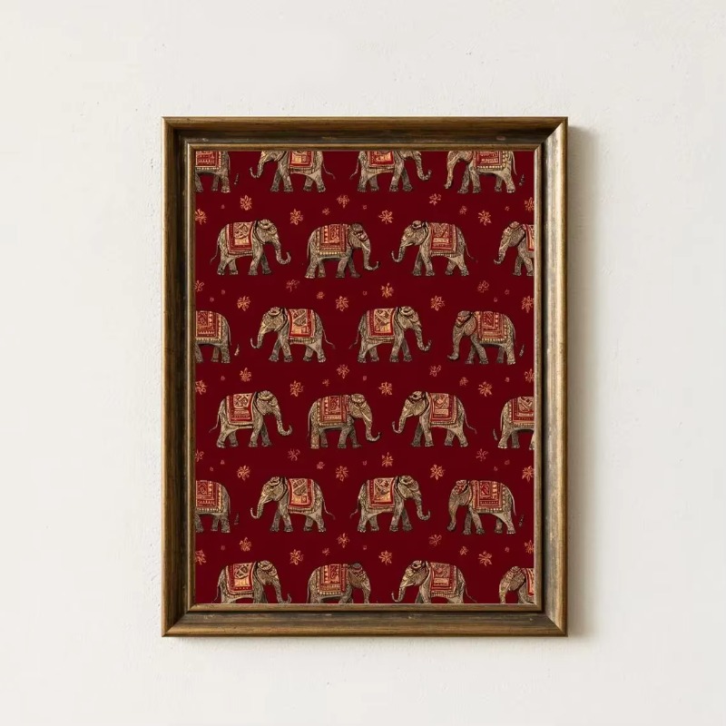 Home Decor Indonesia - ลายพิมพ์ช้างอินเดีย, งานศิลปะติดผนังผ้าสีแดง, ของตกแต่งสไตล์ชนเผ่าโบโฮ, โปสเตอร์สัตว์แบบตะวันออก, การออกแบบตกแต่งภายในที่มีเอกลักษณ์ทางวัฒนธรรม