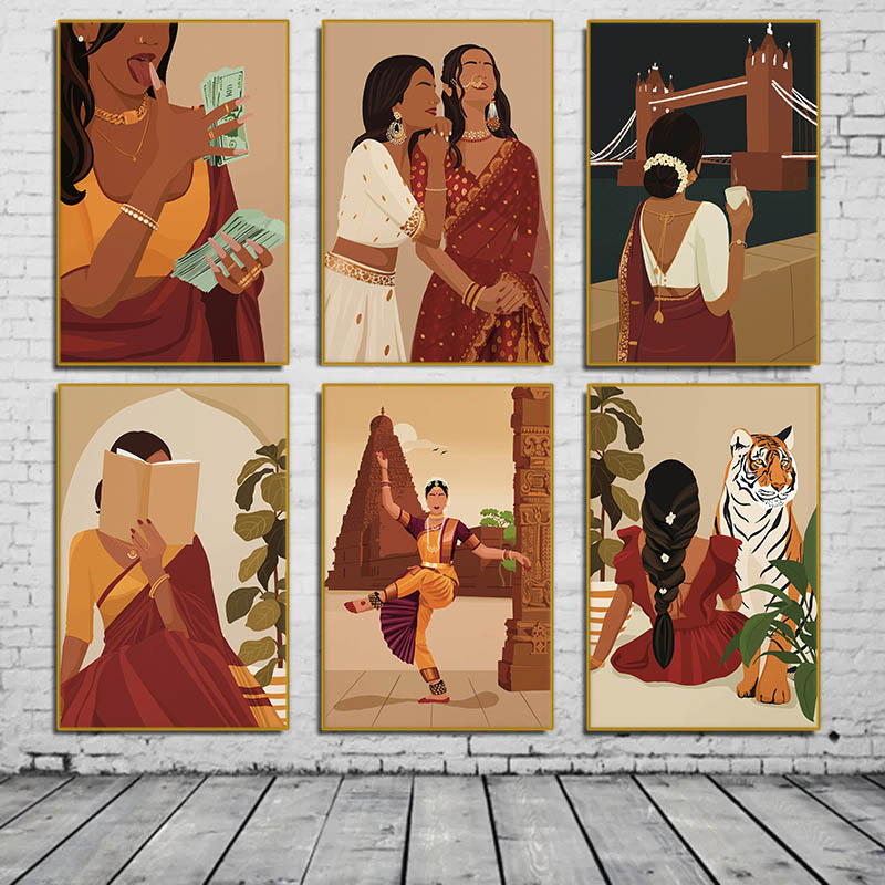 Home Decor Indonesia - ผู้หญิงอินเดียในชุดส่าหรีอ่านหนังสือภาพพอร์เทรตโปสเตอร์ผ้าใบภาพประกอบเด็กหญิงเอเชียใต้ภาพติดผนังสไตล์นอร์ดิกตกแต่งบ้าน