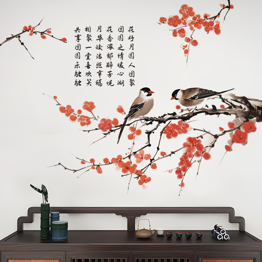 Home Decor Indonesia - สไตล์จีนลายดอกพลัมสติ๊กเกอร์ติดผนังห้องนั่งเล่นตกแต่งพื้นหลังสติ๊กเกอร์ตกแต่งห้องนอนตกแต่งบ้านมีกาวในตัวภาพจิตรกรรมฝาผนัง