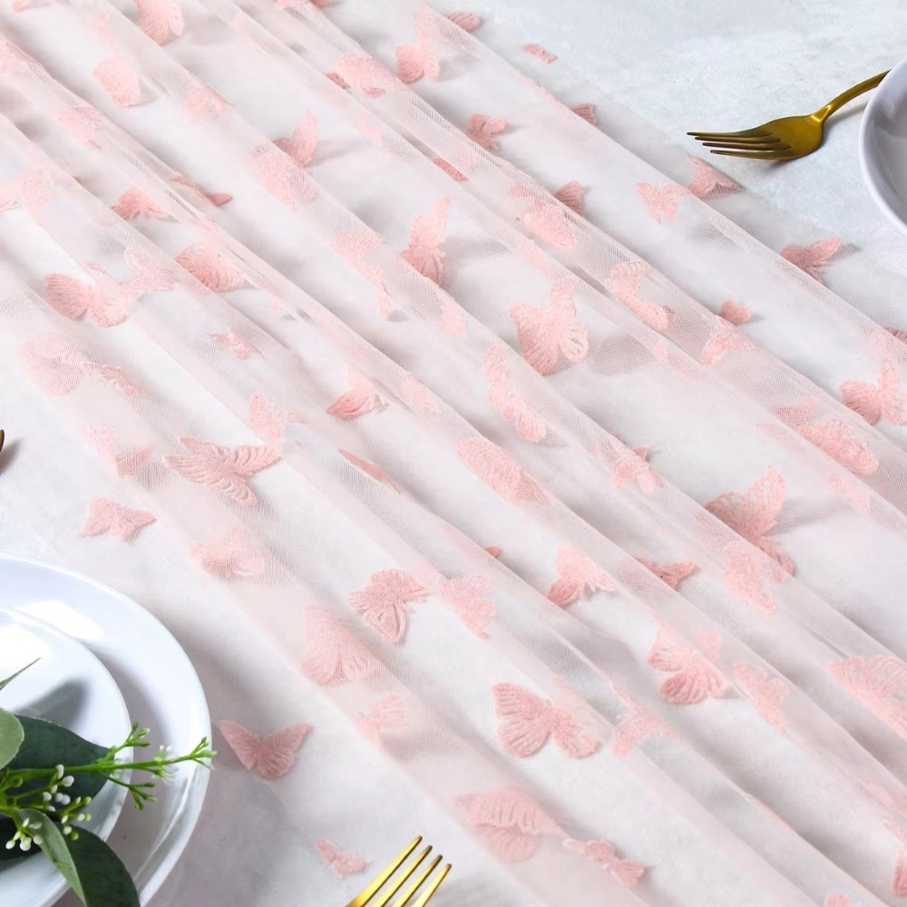 Linen Table Runner - ผ้าปูโต๊ะตาข่ายลายผีเสื้อโรแมนติก หลายสี ผ้าโปร่งแสง ผ้าคลุมโต๊ะตกแต่งงานแต่งงาน