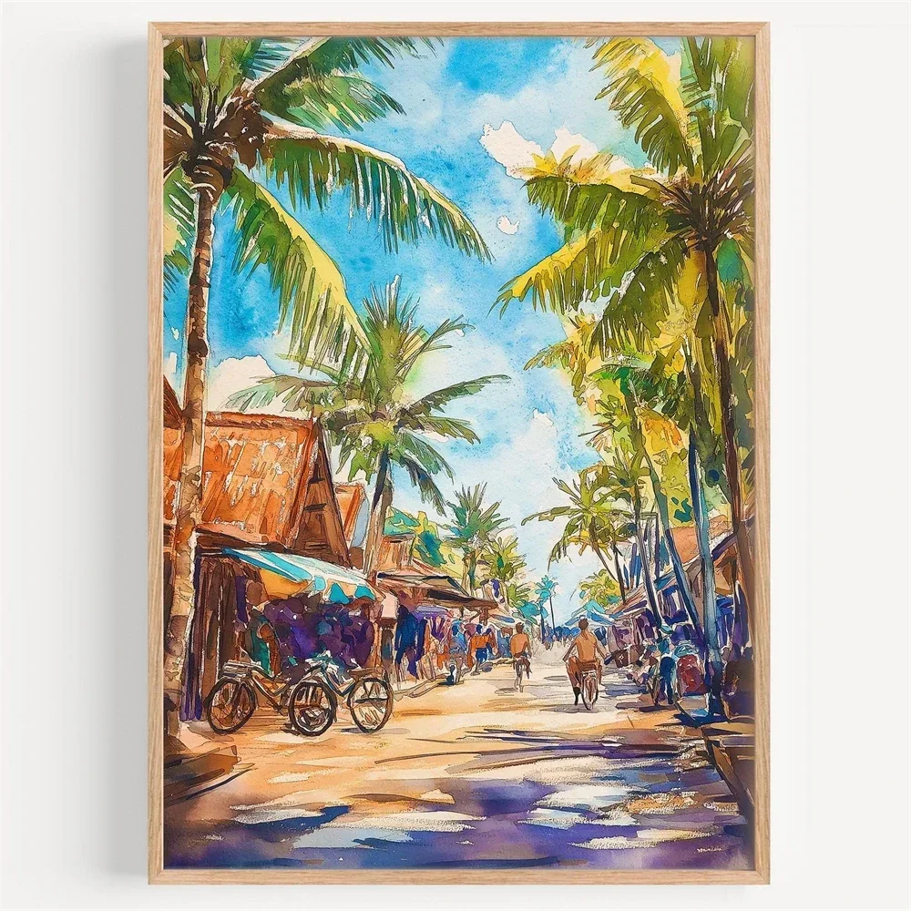 Home Decor Indonesia - ภาพวาดสีน้ำบนผ้าใบ ลอมบ็อก ภาพทิวทัศน์เมือง ภาพพิมพ์ติดผนัง โปสเตอร์ท่องเที่ยว ภาพประกอบการท่องเที่ยวอินโดนีเซีย