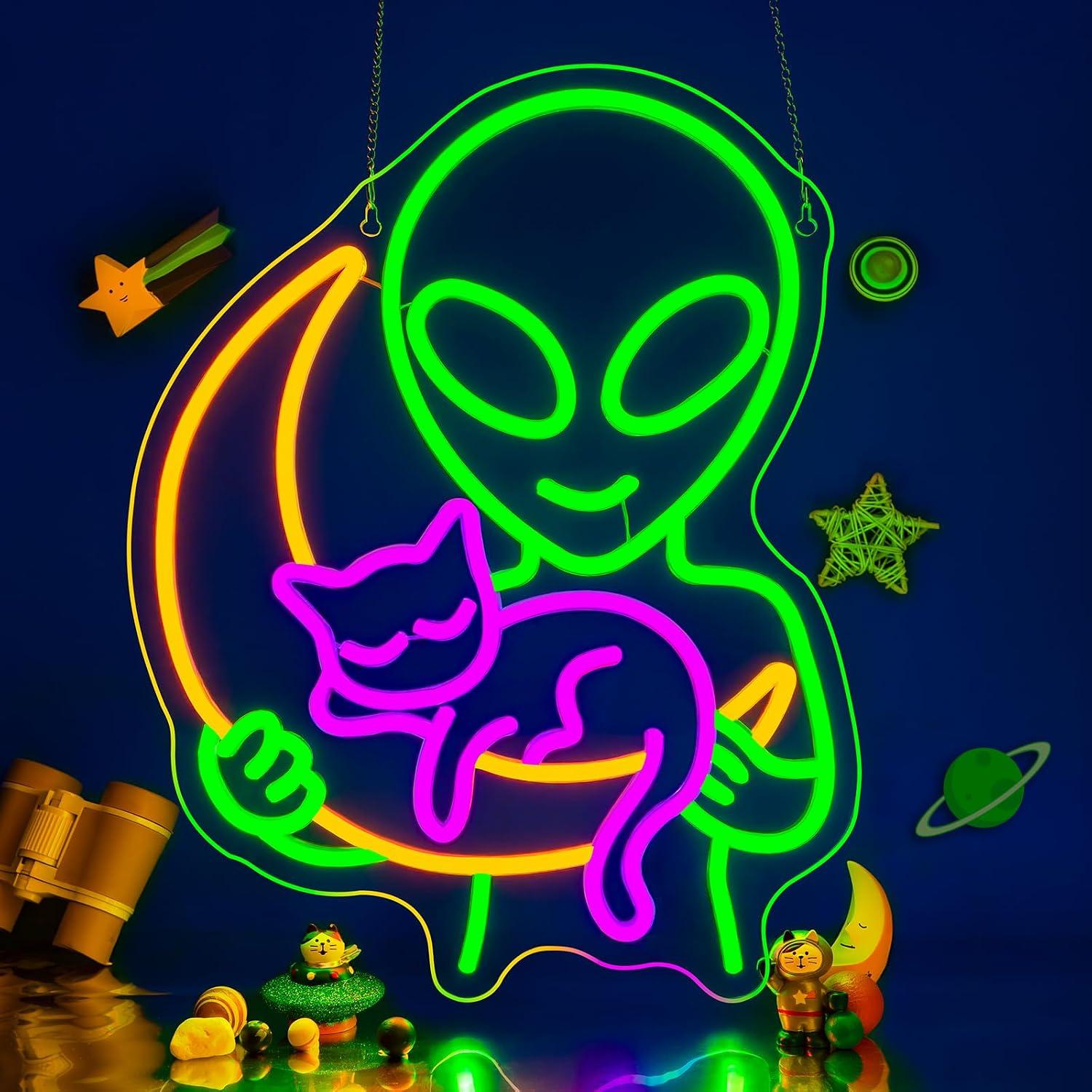 Home Decor Theme - ป้ายไฟนีออนรูปแมวเอเลี่ยน ไฟ LED รูปแมวนอนหลับและพระจันทร์ สำหรับห้องนอน ห้องเกม