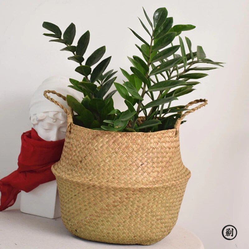 Rattan Plant Basket - ตะกร้าหวายใส่ของเล่น ตะกร้าเก็บของพับได้ ทำจากหวายและหญ้าทะเล ตะกร้าซักผ้า ตะกร้าสาน กระถางต้นไม้